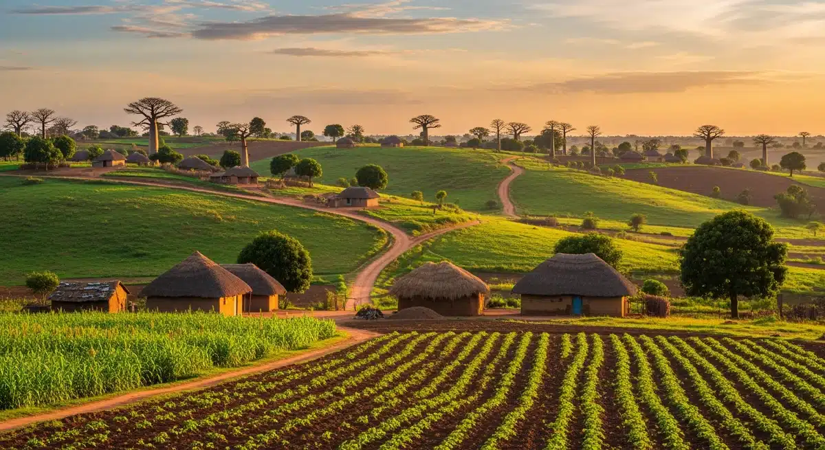 Paysage rural de Derassi dans le Borgou avec maisons traditionnelles et collines verdoyantes