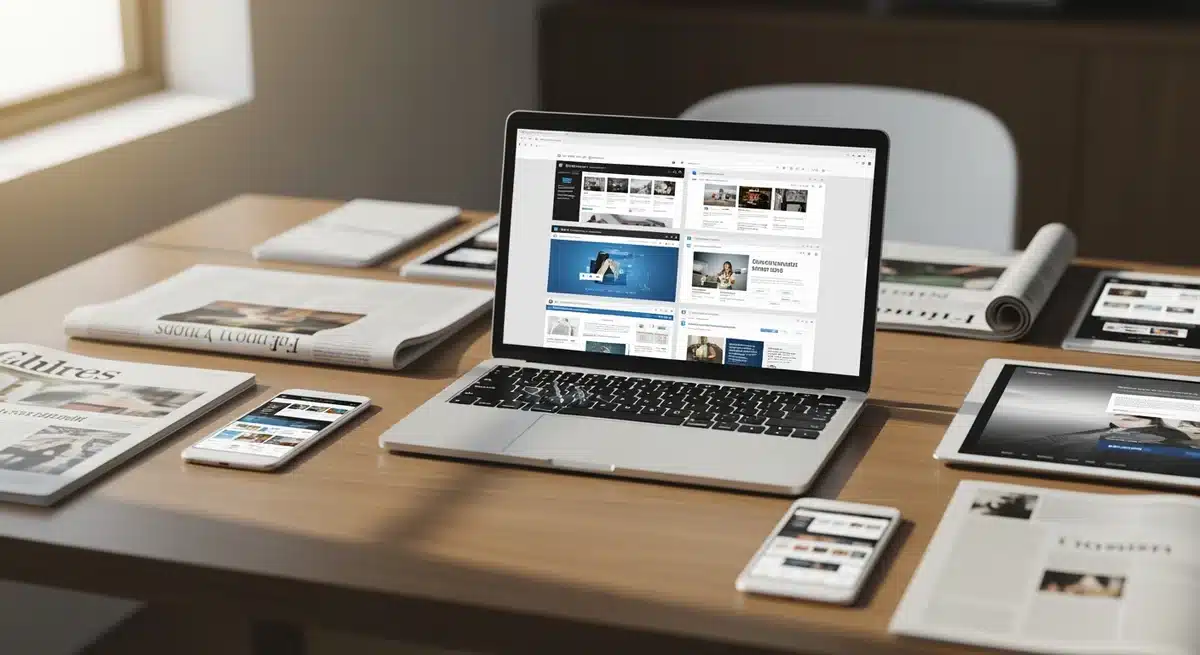 Espace de travail moderne avec ordinateur portable affichant interfaces web pour évaluer gospi site infos