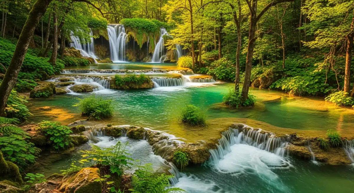 Gour de la Sompe cascades naturelles avec bassins turquoise et formations calcaires dans écrin forestier