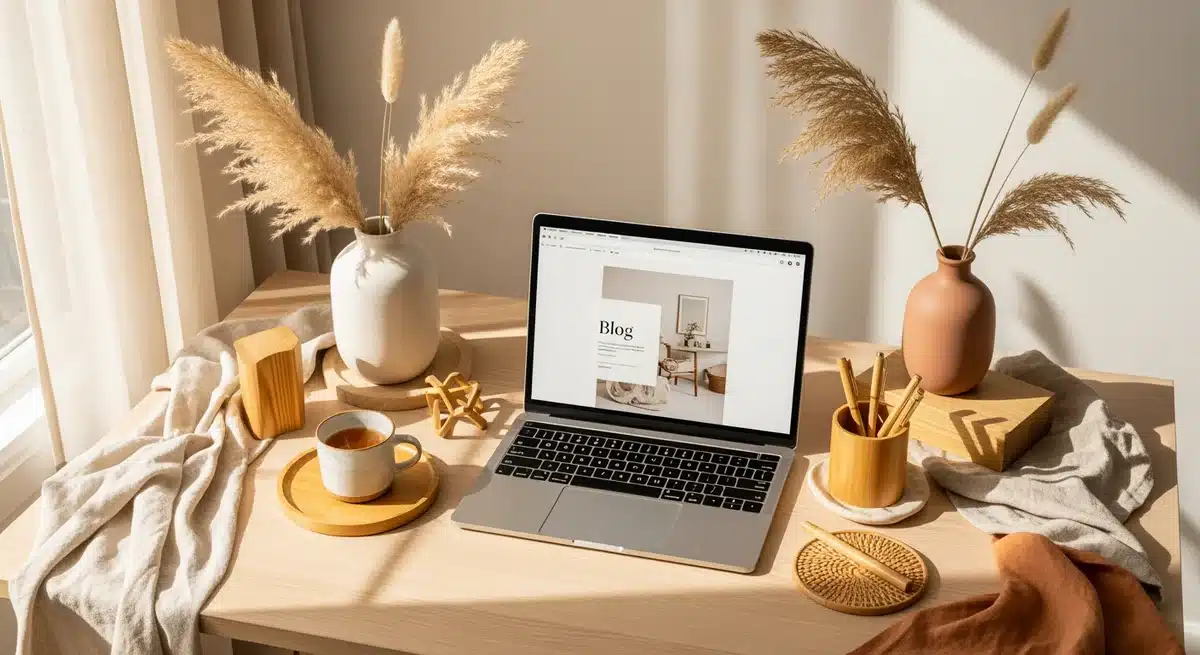 Espace de travail élégant avec ordinateur portable et décoration durable pour créer un beau beau blog